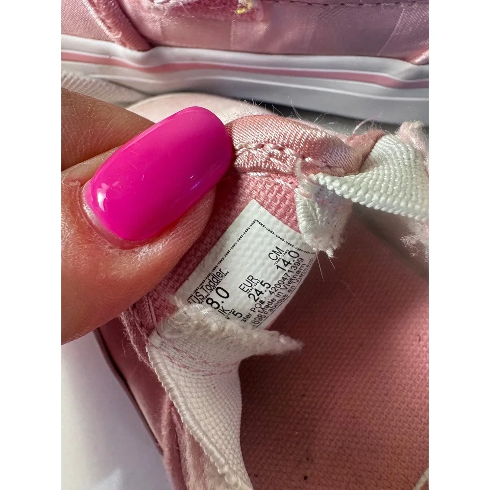 Vans Checkerboard Satin Slip On Shoes Kids‎ 8 Pink Rose Embroidery Hook Loop